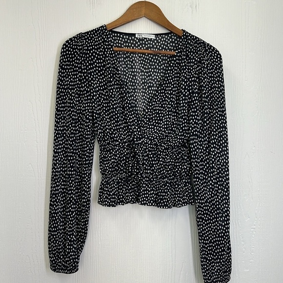 Zara - Polka Dot Black & White Plunge Tie Silky Long Sleeve Blouse Size Small - Picture 7 of 10